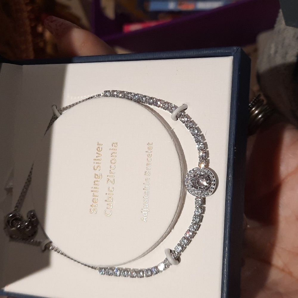 GENUINE STERLING HALO WEDDING CZ TENNIS BRACELET ADJUSTABLE BOLO NIB